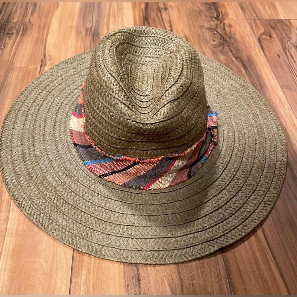 Unisex Tan Faux Straw Paper Sun Hat Multi Colored Band